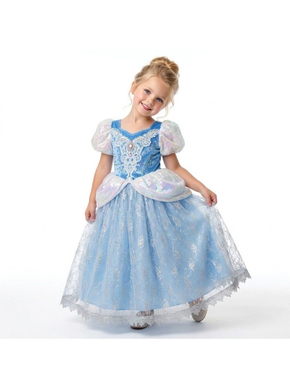 Girls Cinderella Princess Costume Dress Ice Blue Velvet Glitter Tulle Birthday P